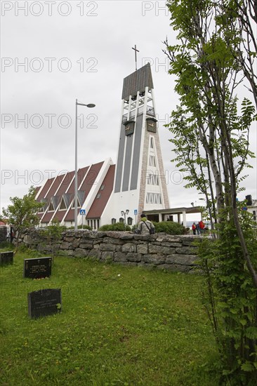 Hammerfest, Protestant church with cemetery, Northern Norway, Scandinavia