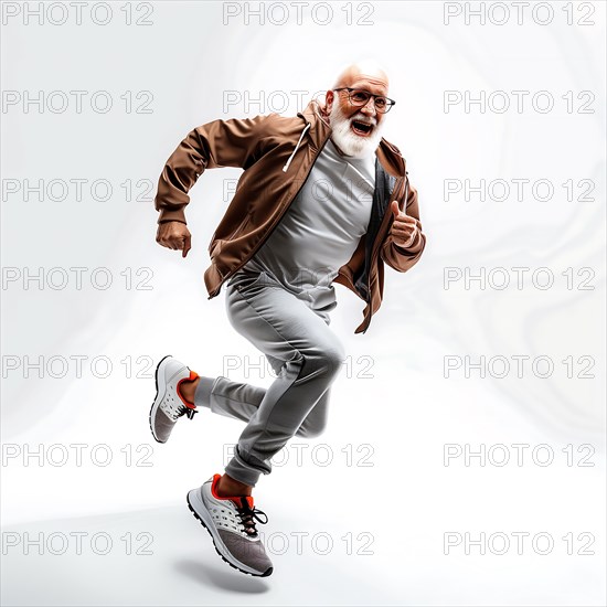 Older man in casual clothes running with a smile on a white background, start running, advertising, special offer, AI generated