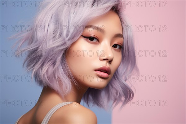 Asian woman with pastel violet dyed hair. KI generiert, generiert, AI generated