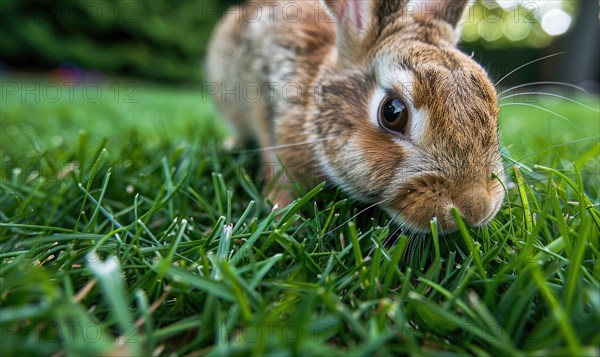 Close-up of a bunny munching on fresh green grass AI generated