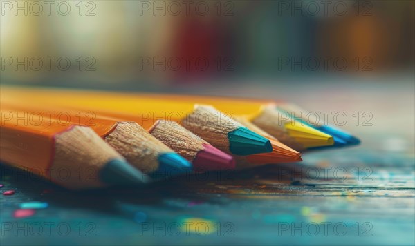 Close-up of a bunch of colored pencils, abstract background with colored pencils macro view AI generated