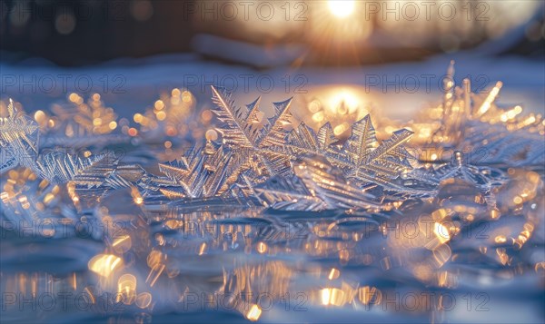 Close-up of icy patterns forming on the surface of a frozen lake AI generated