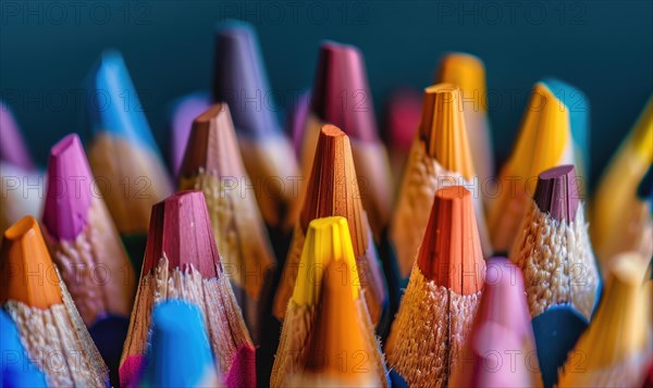 Close-up of sharpened colored pencils in a holder AI generated