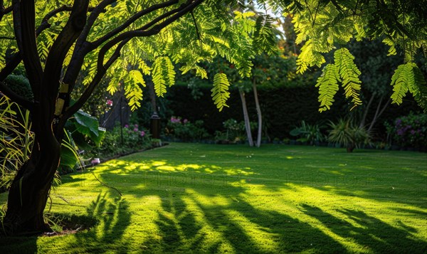 Laburnum tree branches casting shadows on a lush green lawn AI generated