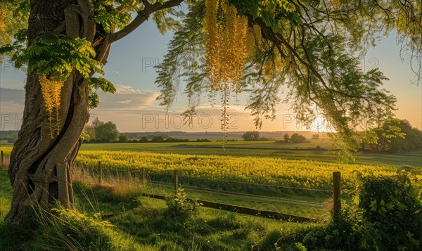 Laburnum tree in a countryside landscape AI generated