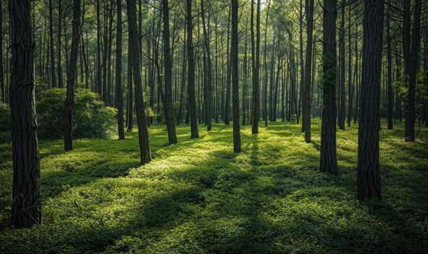 A tranquil pine forest, with sunlight filtering through the dense canopy AI generated