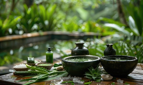 A tranquil spa retreat offering aloe vera infused facials and body treatments amidst lush greenery and natural surroundings AI generated