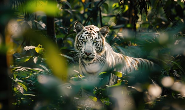 A white tiger prowling through the dense foliage of its natural habitat AI generated