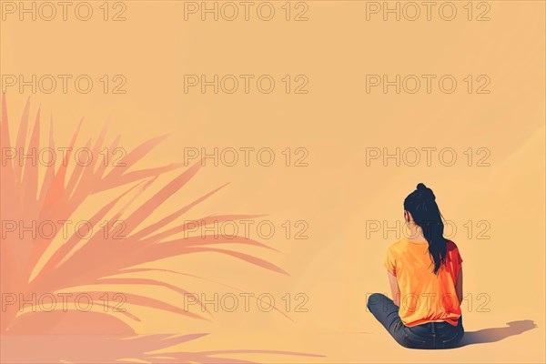 A relaxed woman sitting in front of a pastel-coloured background with the shadow of a plant, lonely, AI generated, AI generated