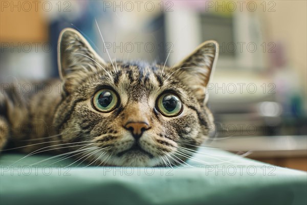 Scared cat on examination table in vet clinic. KI generiert, generiert, AI generated