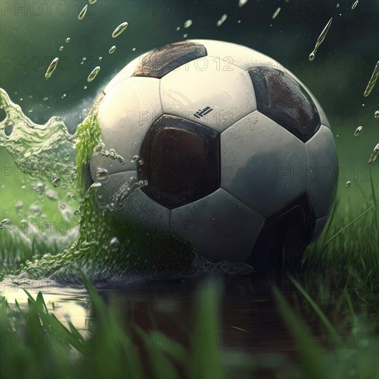 Close-up of a soccer ball hitting a puddle, water splashing around in vibrant natural setting, AI generated