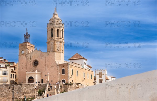 View of the church of St Bartholomew and St Thekla in Sitges, Spain, Europe