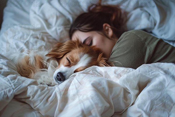 Dog seeping with human owner in bed, KI generiert, generiert, AI generated