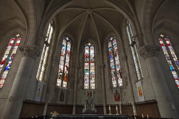 Altar with windows of St Michael in Saint Michel en l'Herm, Vandee, France, Europe