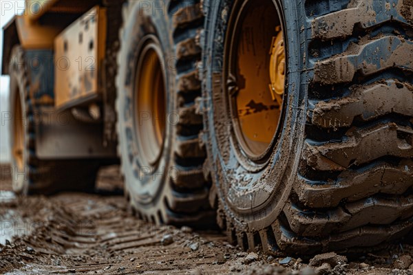 Close up of muddy wheel of construction site vehicle. KI generiert, generiert, AI generated