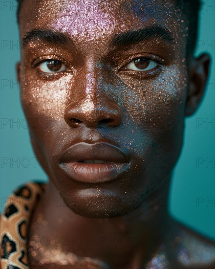 Portrait of african american person with dark skin and golden glitter, having a compelling presence, blurry teal turquoise solid background, beauty product studio flash, fashion artsy make up, high concept potraiture, AI generated