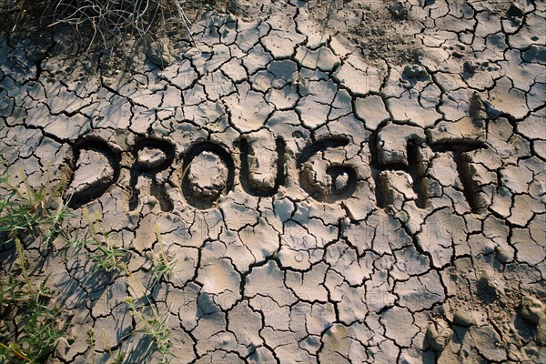 Dry ckracked earth with text 'Drought'. KI generiert, generiert, AI generated