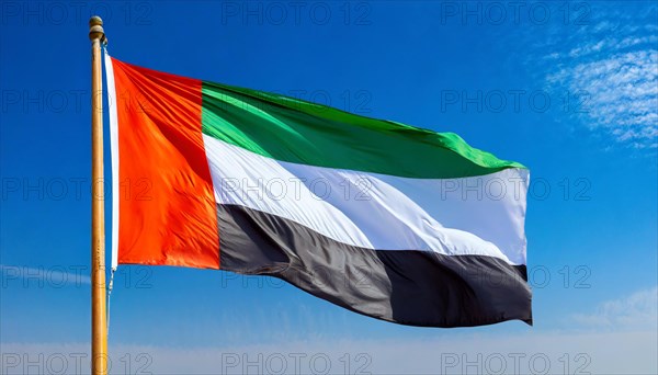 The flag of United Arab Emirates, fluttering in the wind, isolated, against the blue sky