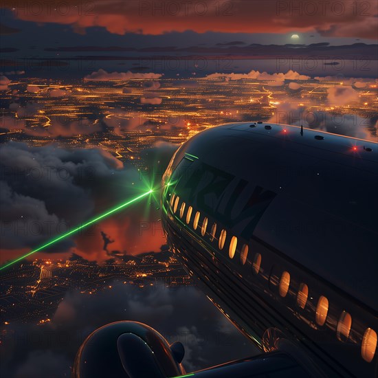 Flight over an illuminated city with green laser beams and clouds at night, laser attack on an airliner, AI generated