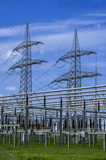 Power pylons with high-voltage lines and insulators at the Avacon substation in Helmstedt, Helmstedt, Lower Saxony, Germany, Europe