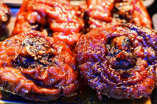 Supermarket, Vegetable market in the centre of Shanghai, China, Asia, Red grilled chicken in close-up with striking shine at a food market, Shanghai, Asia
