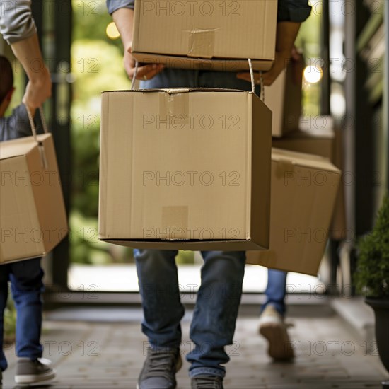 A couple and friends carrying boxes laughing during a move, apartment relocation, apartment relocation, housing shortage, AI generated