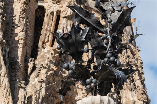 Birth facade of the Sagrada Familia basilica, Roman Catholic basilica by Antoni Gaudi in Barcelona, Spain, Europe