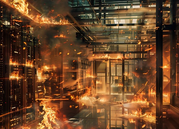 Fire rages in an office building with glass architecture, surrounded by intense glow and evening atmosphere, AI generated