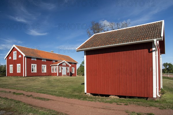 Falun red or Swedish red painted houses, farm, Geta, Aland, or Aland Islands, Gulf of Bothnia, Baltic Sea, Finland, Europe