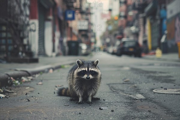 Wild racoon in city street. KI generiert, generiert, AI generated
