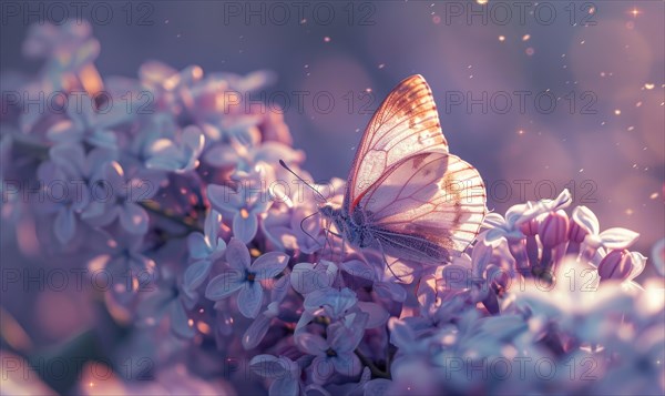 Close-up of a butterfly resting on lilac blossoms AI generated