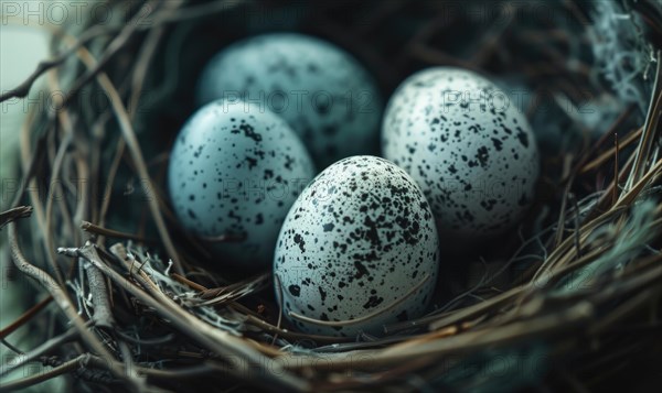 Close-up of a nest with speckled eggs AI generated