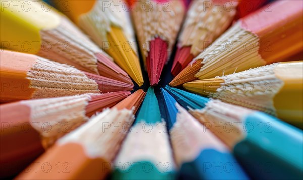 Close-up of a bunch of colored pencils, abstract background with colored pencils macro view AI generated