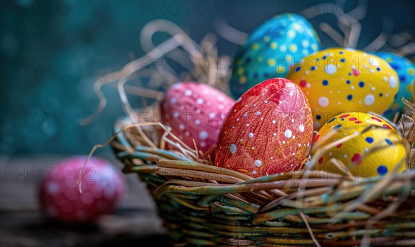 Close-up of colorful Easter eggs in a basket AI generated