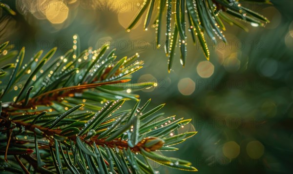 Close-up of pine needles covered in morning dew AI generated