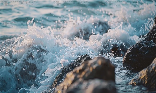 Close-up of waves crashing against rocks along the shoreline AI generated