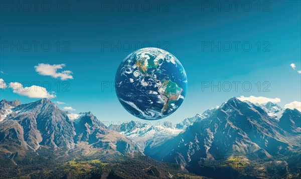 An Earth globe set against a mountain backdrop with a clear blue sky AI generated