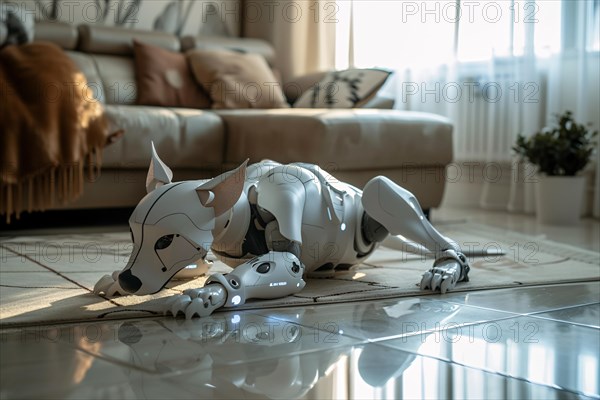 Robotic dog on livingr oom floor. KI generiert, generiert, AI generated