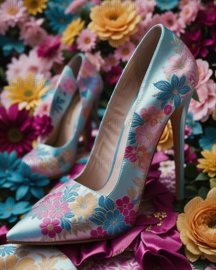 Wedding shoes with high heels on a background of flowers. ai generative, AI generated