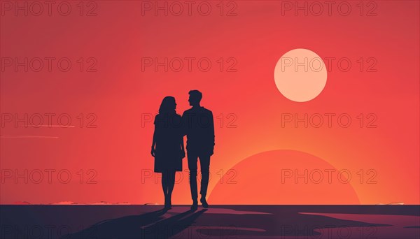 Silhouettes of a couple in front of a bright orange sunset by the sea, romantic, AI generated, AI generated