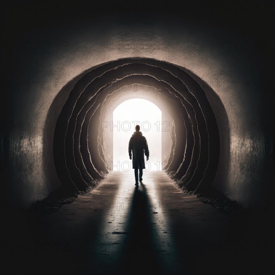Silhouette of a man stands at the bright end of a dark, arching tunnel, symbolizing hope, AI generated