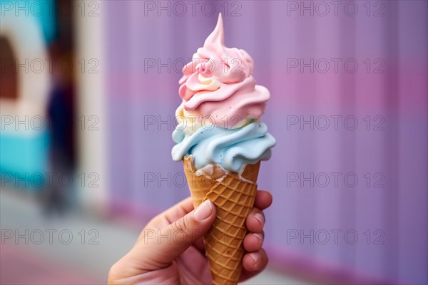 Hand holding soft serve ice cream with pastel colors. KI generiert, generiert, AI generated