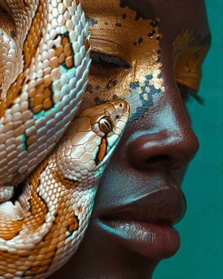 Side view of a woman with golden flakes on her skin and a snake coiled close, blurry teal turquoise solid background, beauty studio light, fashion artsy make up, high concept potraiture, AI generated
