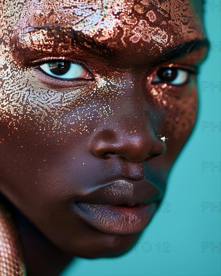 Portrait of a person with dark skin and shimmering gold flakes, blurry teal turquoise solid background, beauty product studio light, fashion artsy make up, high concept potraiture, AI generated