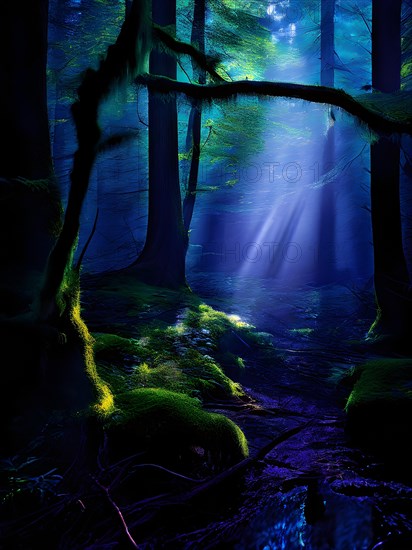 AI generated ethereal mystical forest scene with digital glow effects