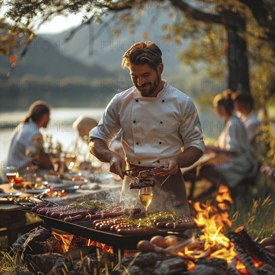 Barbecue party, guests with glasses in their hands stand around a chef who is grilling sausages and steaks, AI generated