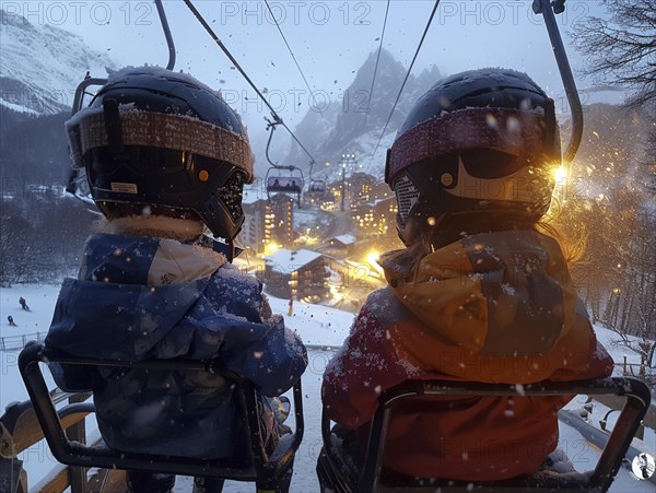 Children are traveling with a ski school in the mountains and learning to ski, AI generated