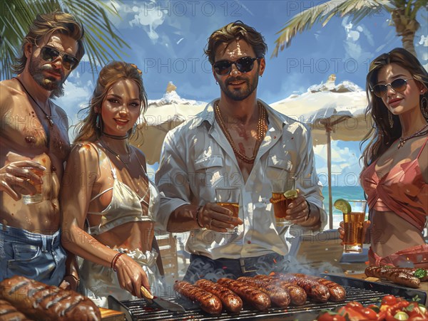 Barbecue party, guests with glasses in their hands stand around a chef who is grilling sausages and steaks, AI generated