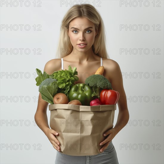 Shopping in supermarket with big paper bag full of vegetables and fruits, ai generated, AI generated