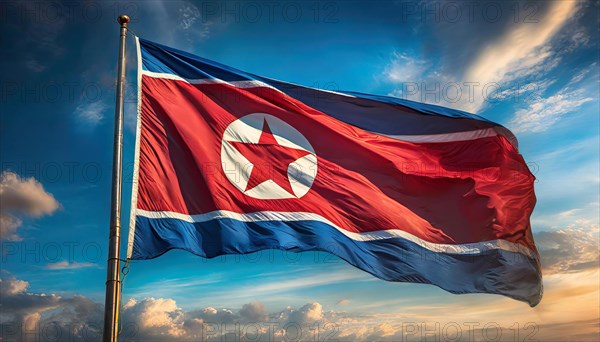 The flag of North Korea flutters in the wind, isolated against a blue sky